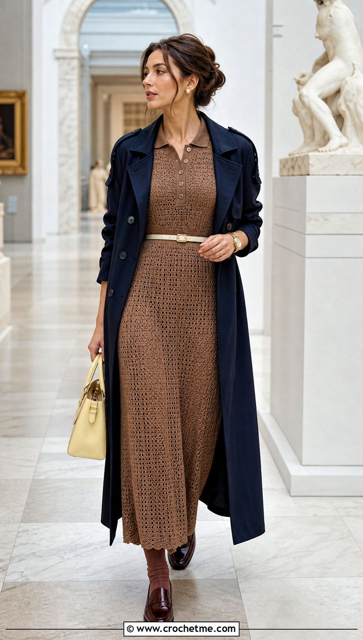 Polo Collar Brown Crochet Maxi Dress With Loafers - 20 brown crochet maxi dress outfit ideas