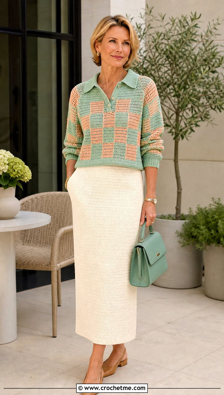 Polo Collar Checkered Sweater With Column Skirt - 30 crochet checkered sweater outfit ideas