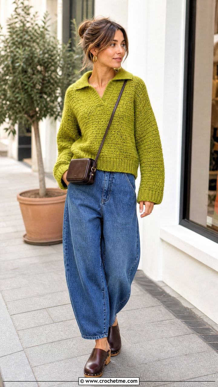 Polo Collar Chunky Crochet Sweater With Barrel Jeans - 35 chunky crochet sweater outfit ideas