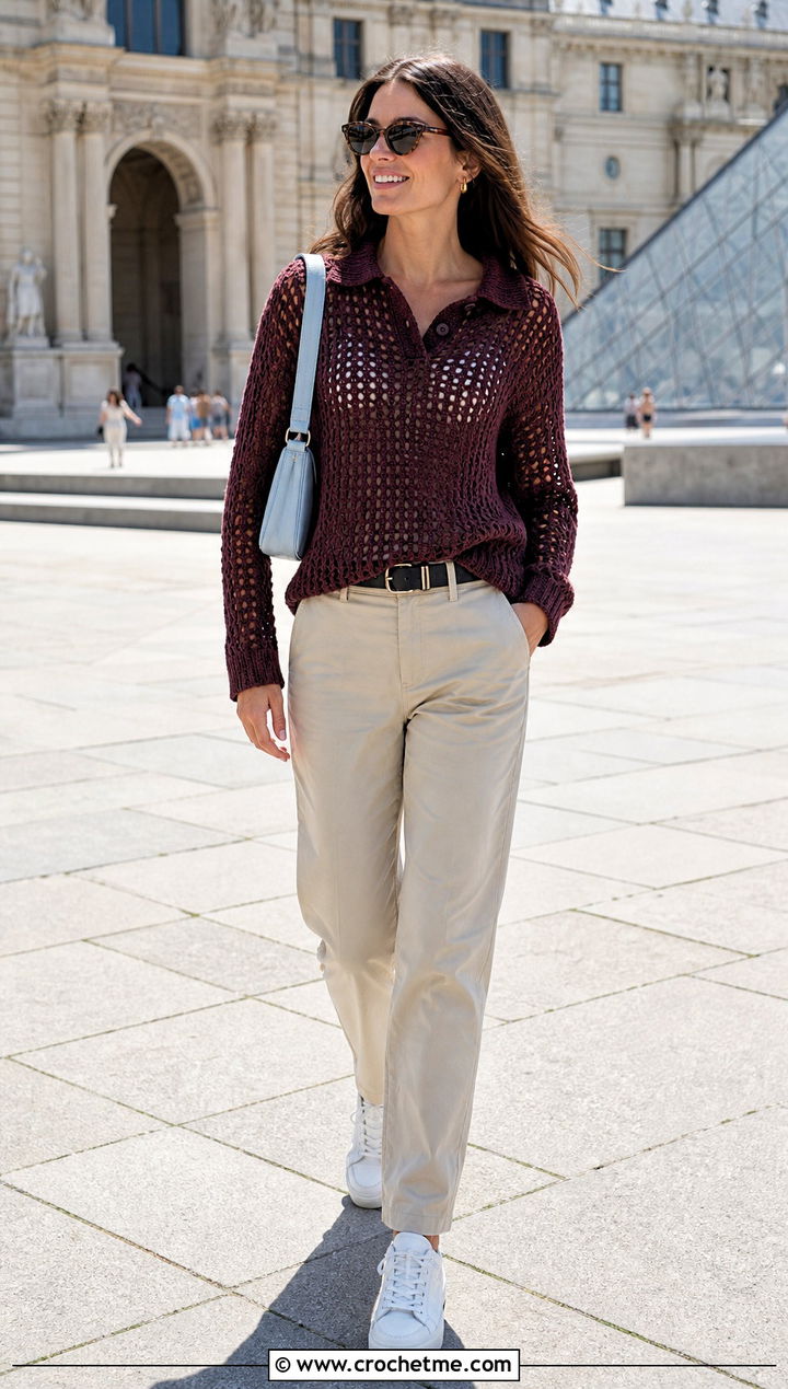 Polo Collar Chunky Crochet Sweater With Relaxed Chinos - 25 Easy Chunky Crochet Sweater outfit ideas