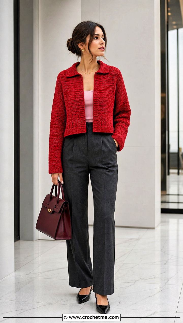 Polo Collar Crochet Boxy Sweater With Tailored Trousers - 25 Crochet Boxy Sweater outfit ideas