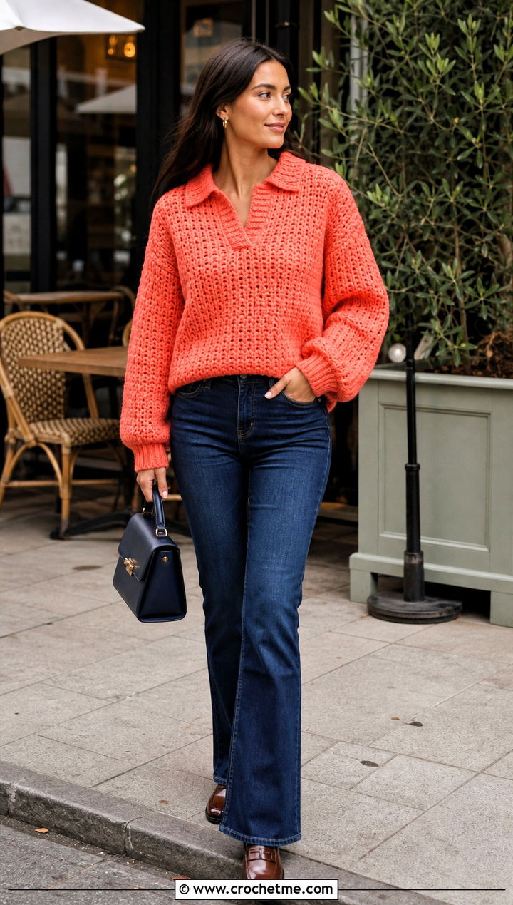 Polo Collar Crochet Bulky Sweater With Dark Wash Jeans - 25 Crochet Bulky Sweater outfit ideas