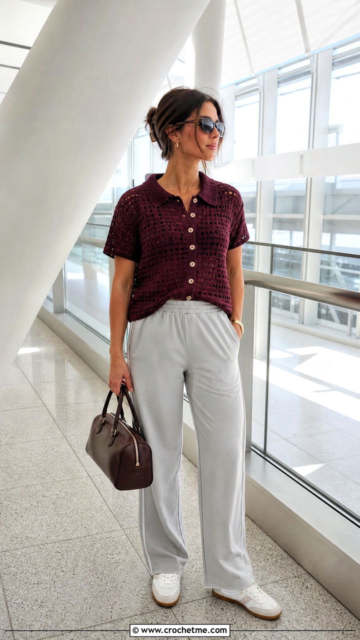 Polo Collar Crochet Button Up Shirt With Track Pants - 35 crochet button up shirt outfit ideas