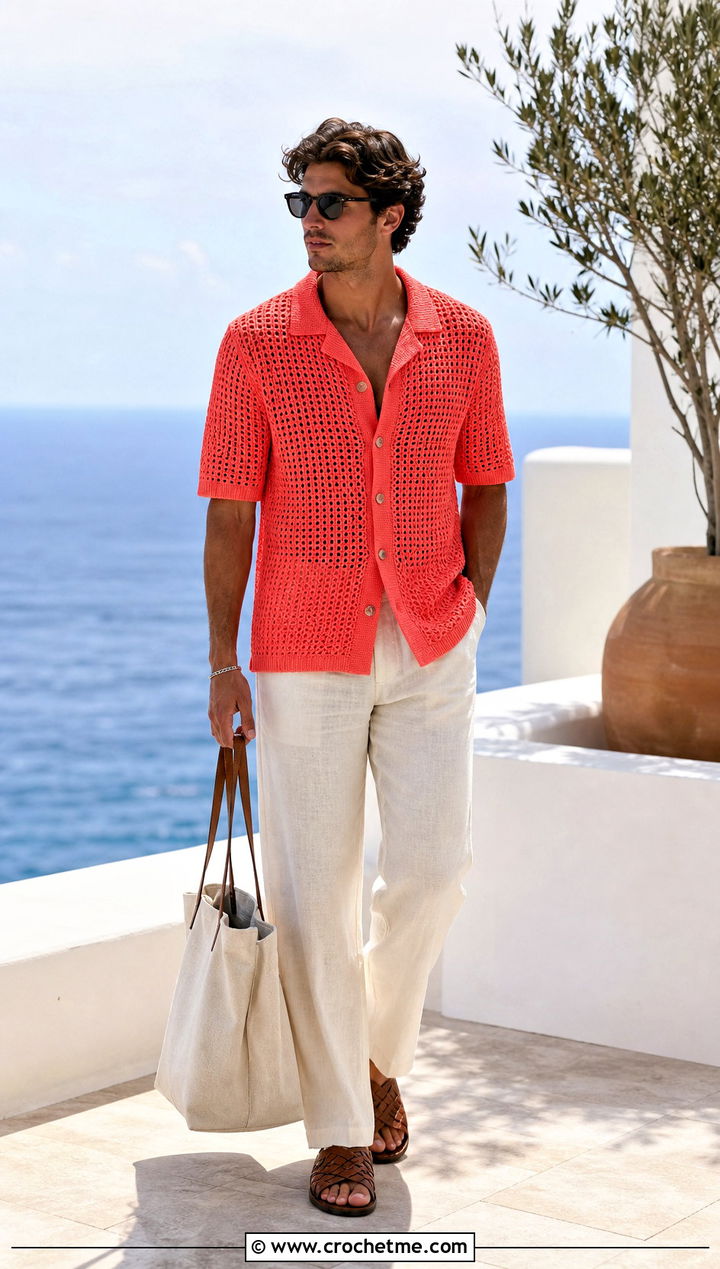 Polo Collar Crochet Cardigan With Linen Pants - 30 crochet man cardigan outfit ideas