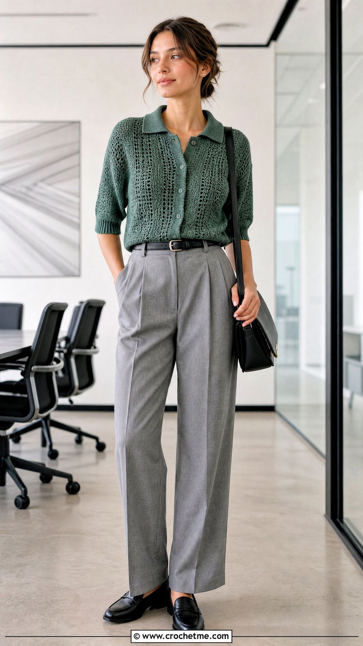 Polo Collar Crochet Cardigan With Pleated Trousers - 35 cute crochet cardigan outfit ideas