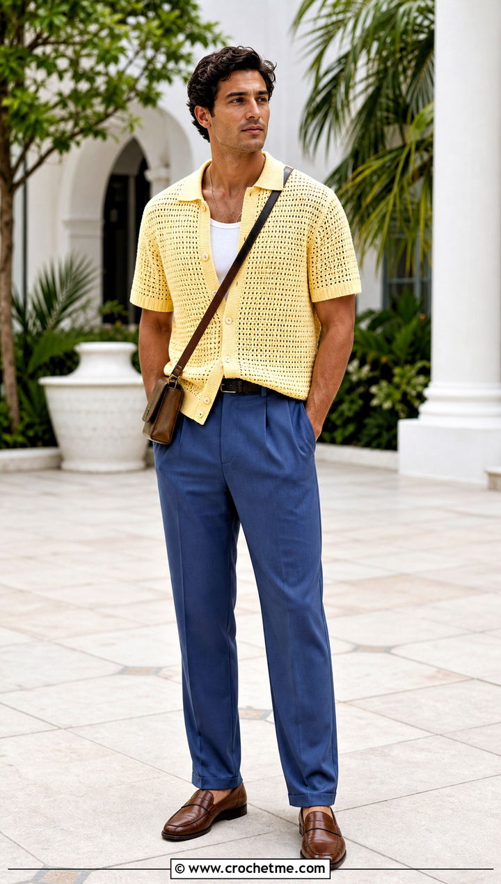 Polo Collar Crochet Cardigan With Tailored Trousers - 35 mens crochet cardigan outfit ideas