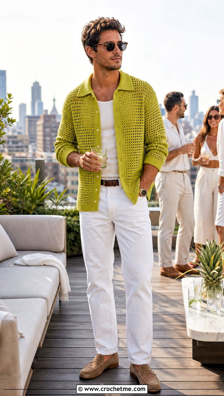 Polo Collar Crochet Cardigan With White Jeans - 30 mens crochet cardigan sweater outfit ideas