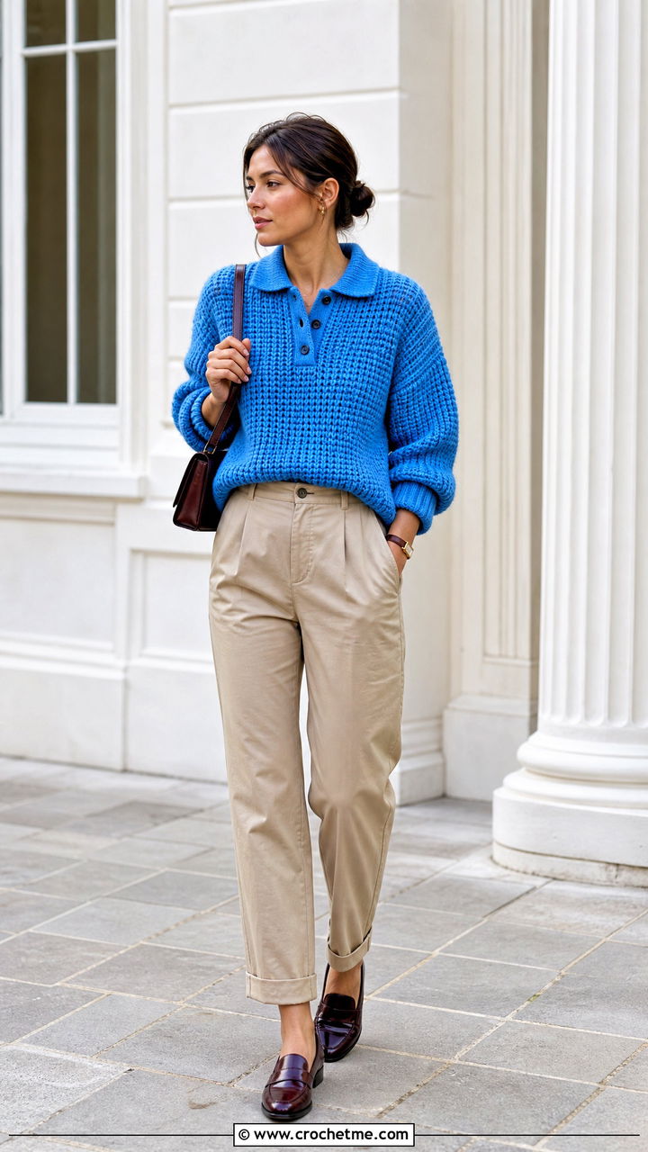 Polo Collar Crochet Chunky Sweater With Chinos - 35 crochet chunky sweater outfit ideas