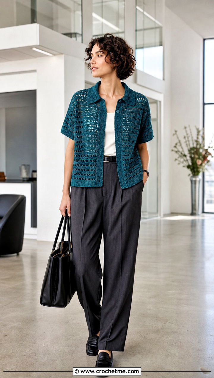 Polo Collar Crochet Cover Up Top With Tailored Trousers - 15 crochet cover up top ideas