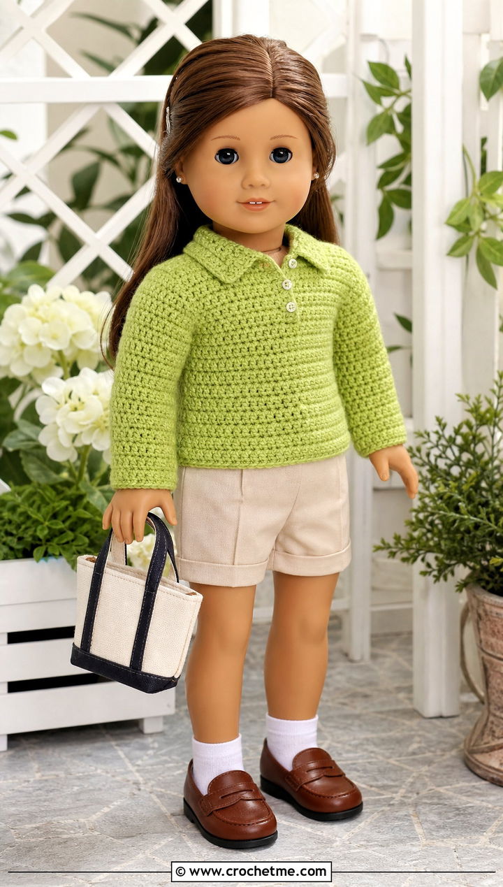 Polo Collar Crochet Doll Sweater With Chino Shorts - 20 Crochet Sweater For Dolls outfit ideas