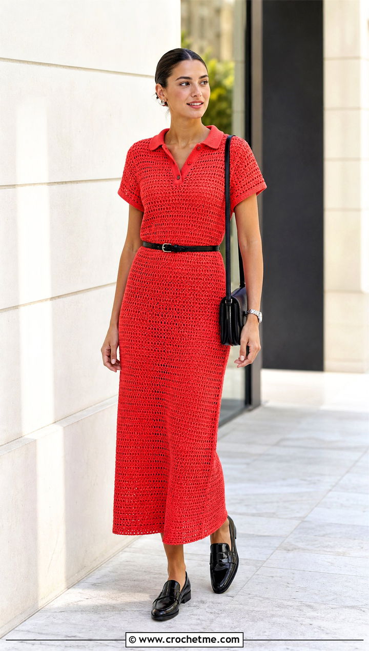Polo Collar Crochet Dress With Loafers - 20 elegant crochet dress outfit ideas