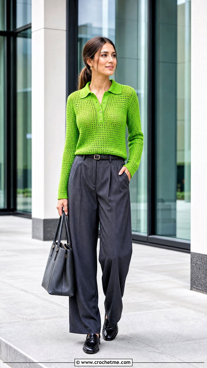 Polo Collar Crochet Full Sleeve Top With Pleated Pants - 35 crochet full sleeve top outfit ideas