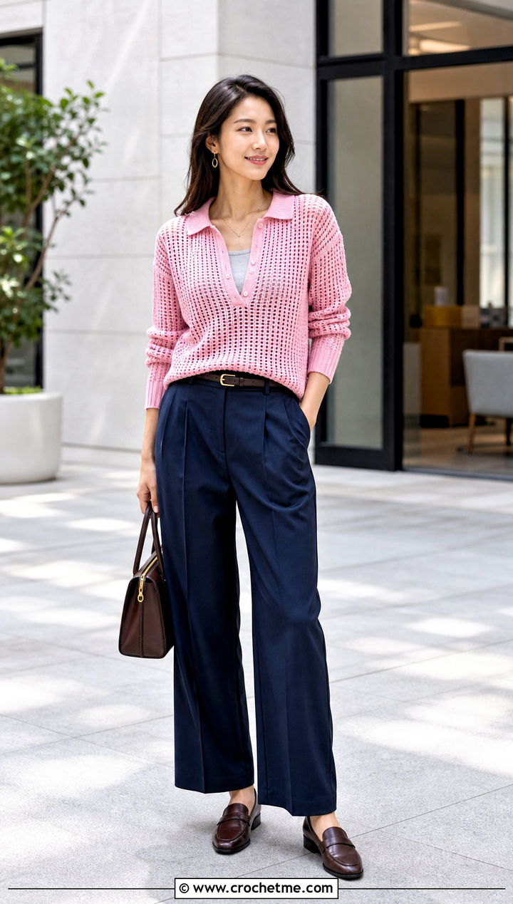 Polo Collar Crochet Grid Sweater With Chino Pants - 30 crochet grid sweater outfit ideas