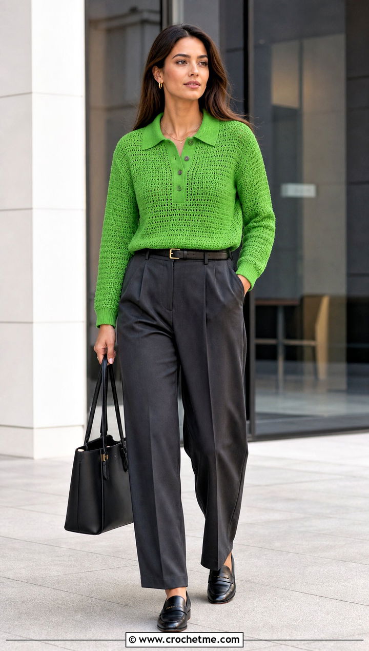 Polo Collar Crochet Jumper With Pleated Trousers - 35 easy crochet jumper outfit ideas