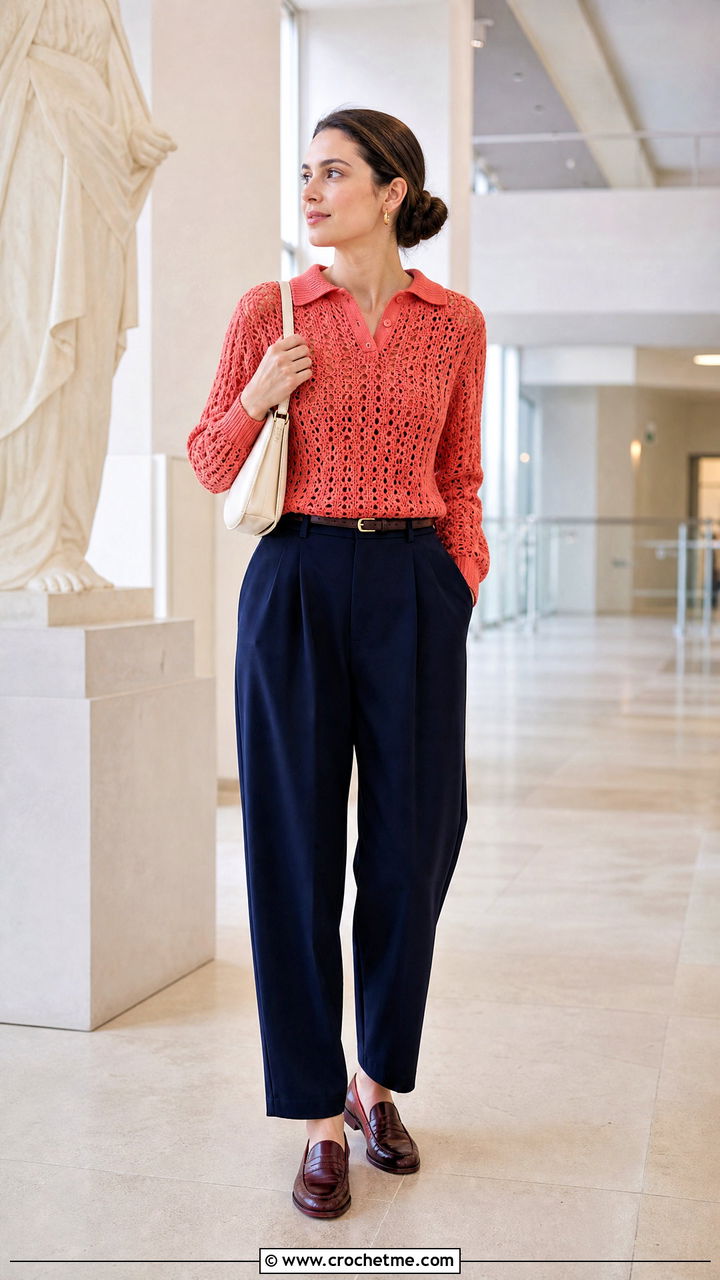 Polo Collar Crochet Lace Sweater With Pleated Pants - 35 crochet lace sweater outfit ideas