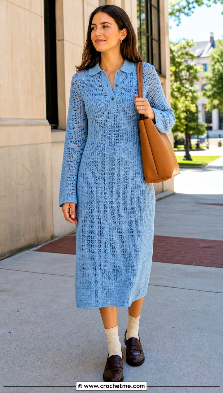 Polo Collar Crochet Long Sleeve Midi Dress With Penny Loafers - 25 crochet long sleeve dress outfit ideas