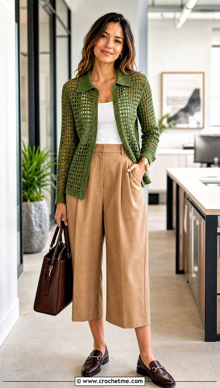 Polo Collar Crochet Mesh Top With Culottes - 30 long sleeve crochet mesh top outfit ideas