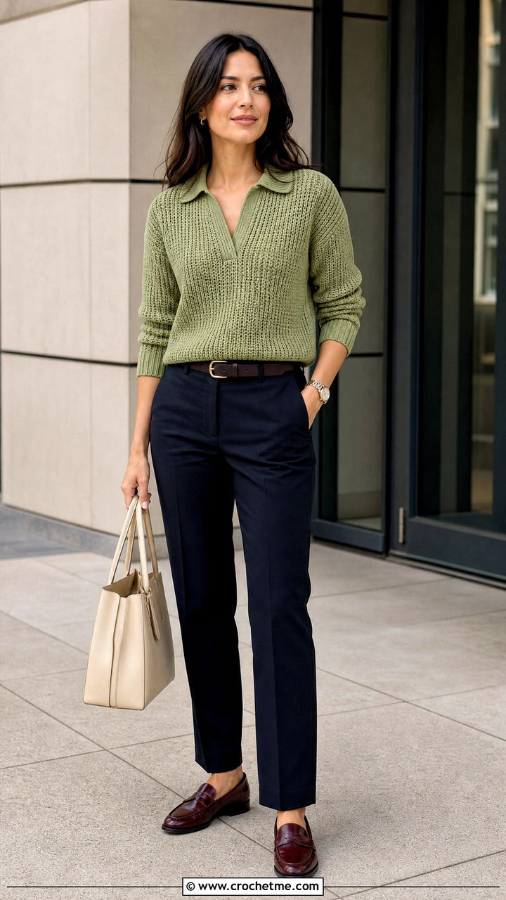 Polo Collar Crochet Pullover With Chinos - 35 crochet pullover outfit ideas