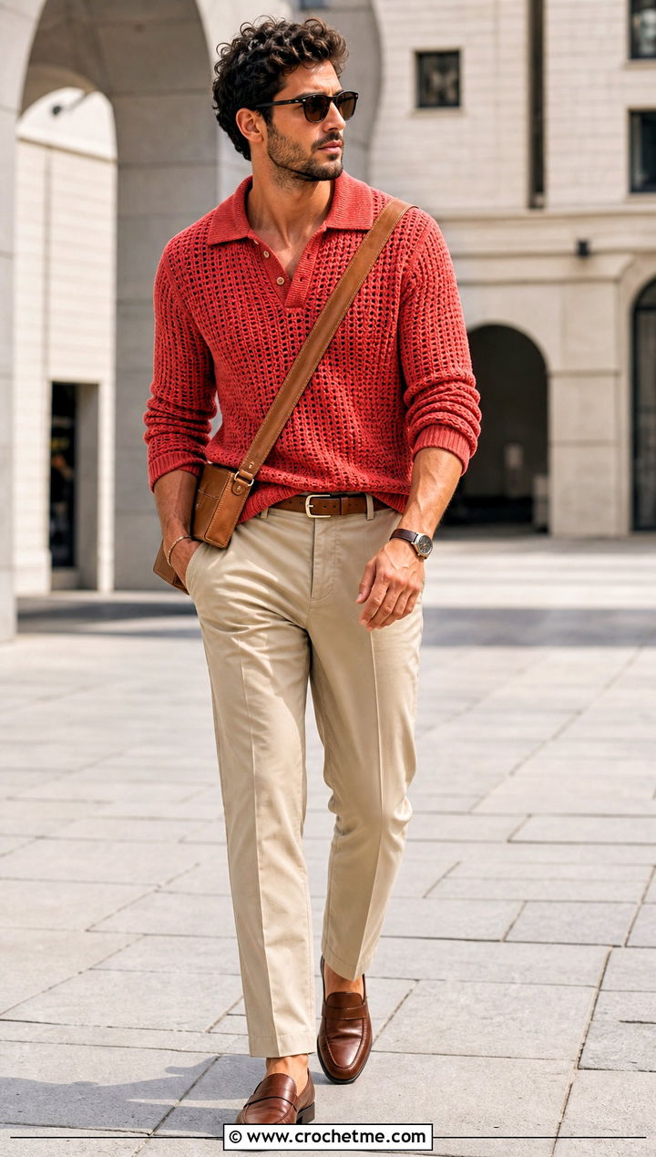 Polo Collar Crochet Pullover With Chinos - 30 Easy Crochet Pullover outfit ideas