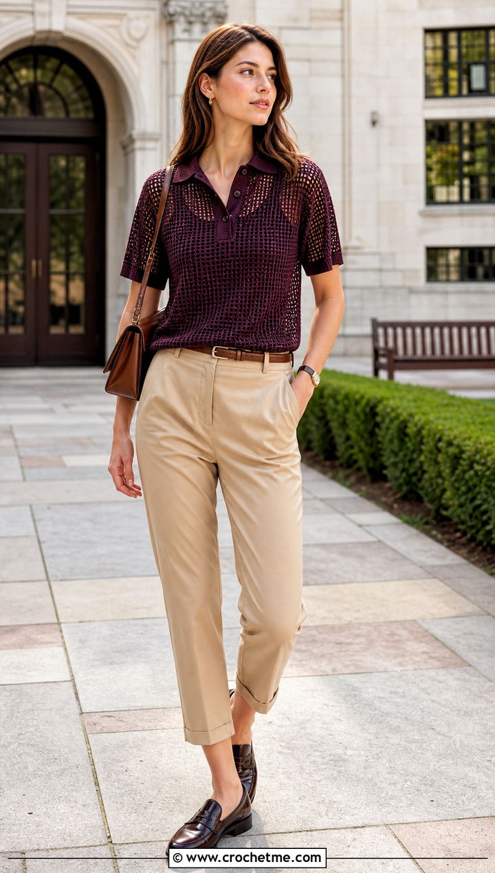 Polo Collar Crochet Raglan Mesh Top With Chino Pants - 25 Crochet Raglan Mesh Top outfit ideas