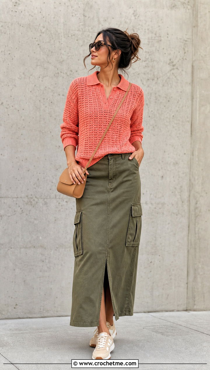 Polo Collar Crochet Ribbed Sweater With Cargo Skirt - 35 crochet ribbed sweater outfit ideas