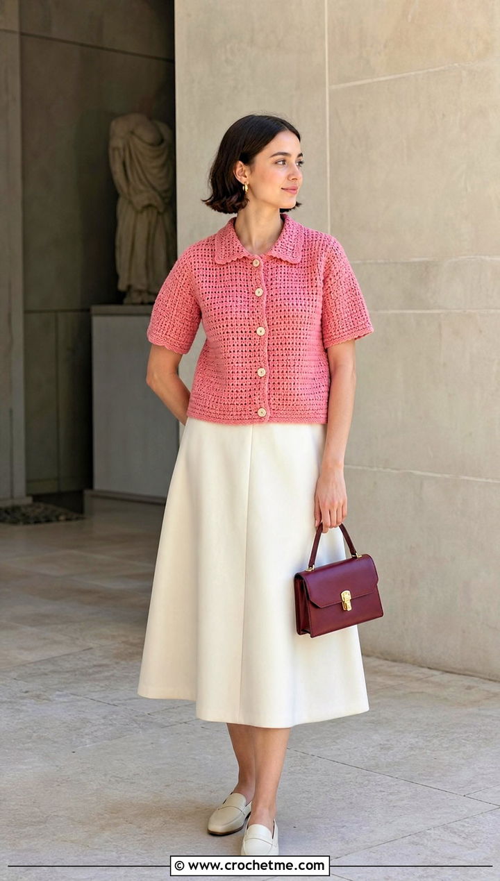 Polo Collar Crochet Sweater With A Line Midi Skirt - 25 taylor swift crochet sweater outfit ideas
