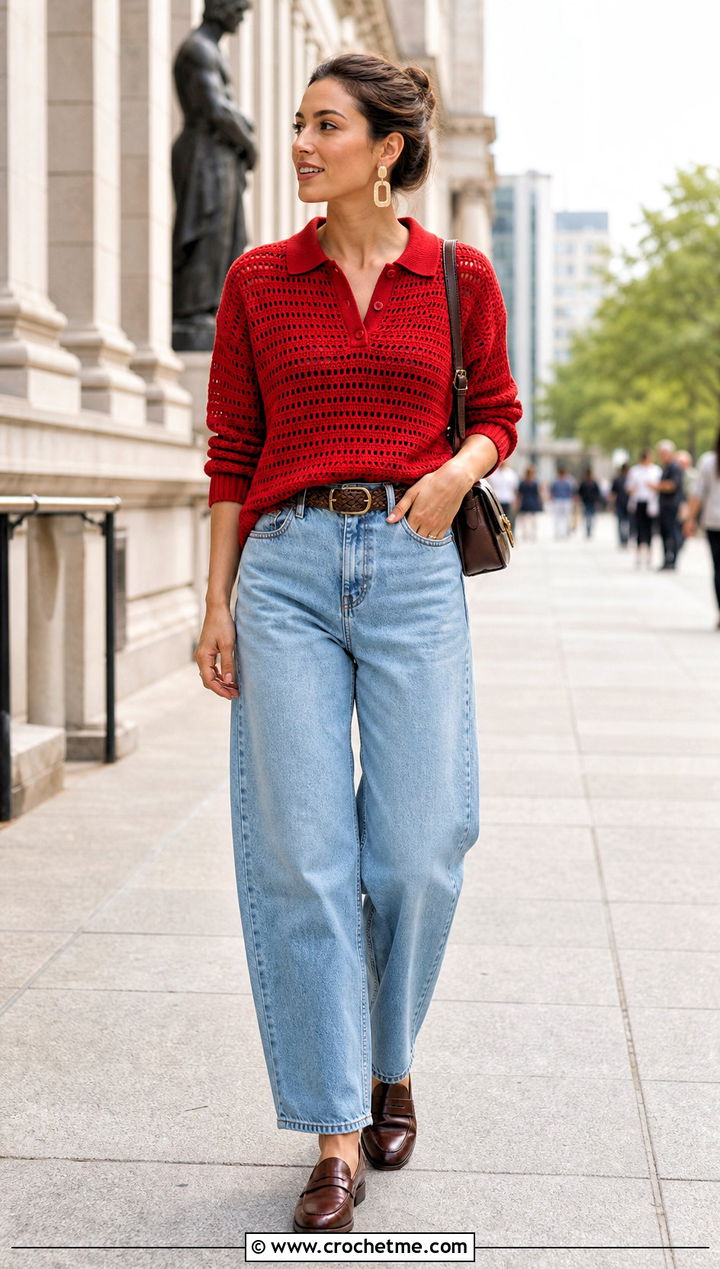 Polo Collar Crochet Sweater With Barrel Jeans - 15 Boho Style Crochet Sweater outfit ideas