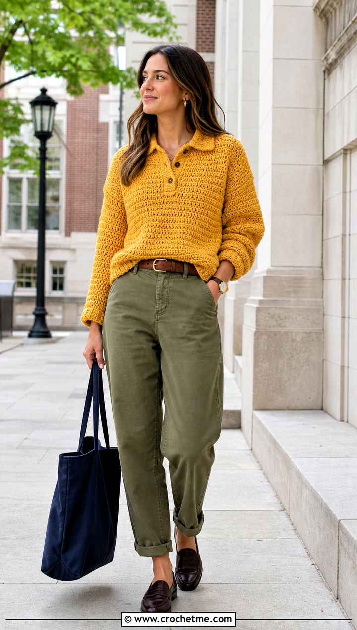 Polo Collar Crochet Sweater With Chino Pants - 30 bulky yarn crochet sweater outfit ideas