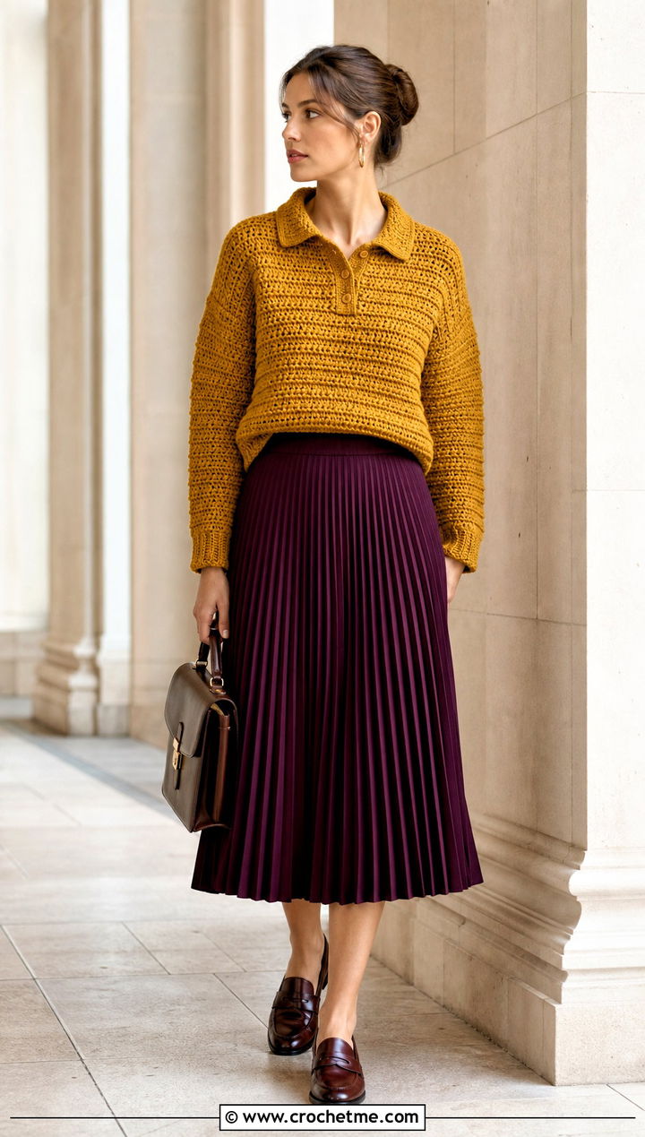 Polo Collar Crochet Sweater With Pleated Midi Skirt - 25 chunky yarn crochet sweater outfit ideas