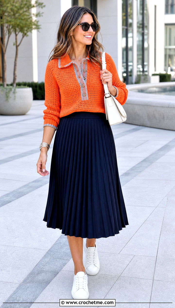 Polo Collar Crochet Sweater With Pleated Midi Skirt - 15 Orange And Gray Crochet Sweater outfit ideas