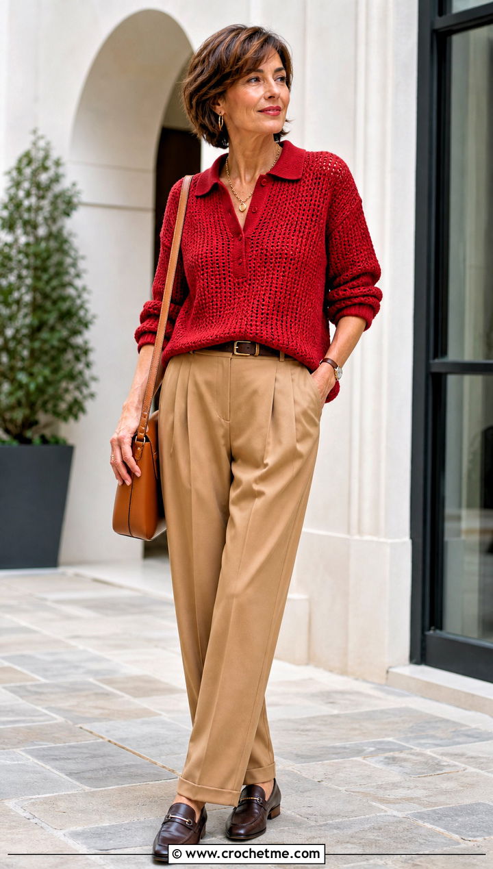 Polo Collar Crochet Sweater With Pleated Pants - 35 simple crochet sweater outfit ideas