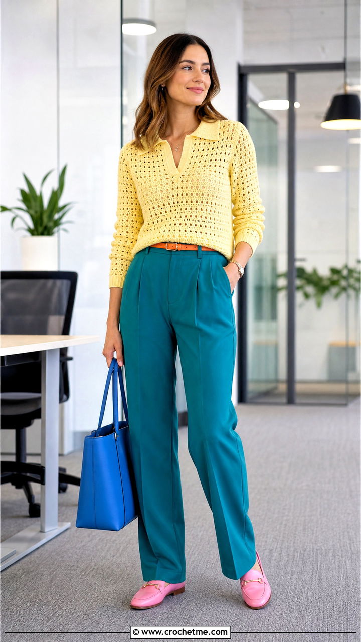 Polo Collar Crochet Sweater With Pleated Trousers - 35 crochet sweater design outfit ideas