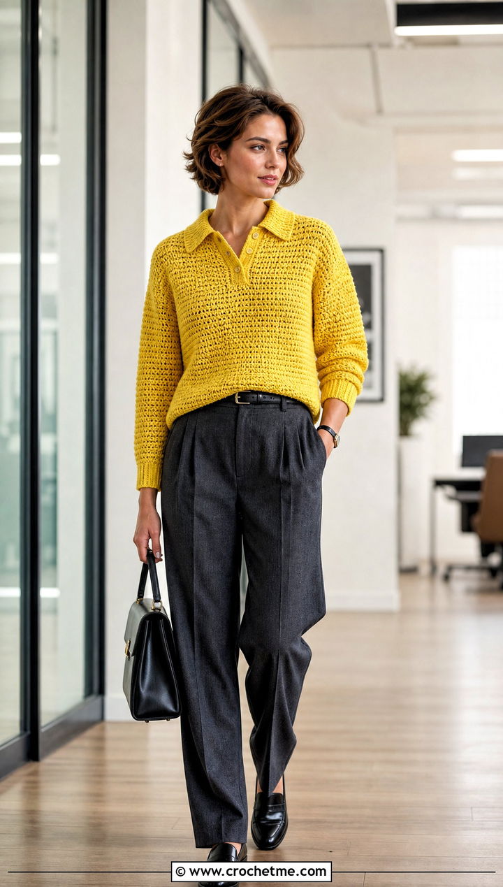 Polo Collar Crochet Sweater With Pleated Trousers - 25 90s crochet sweater outfit ideas