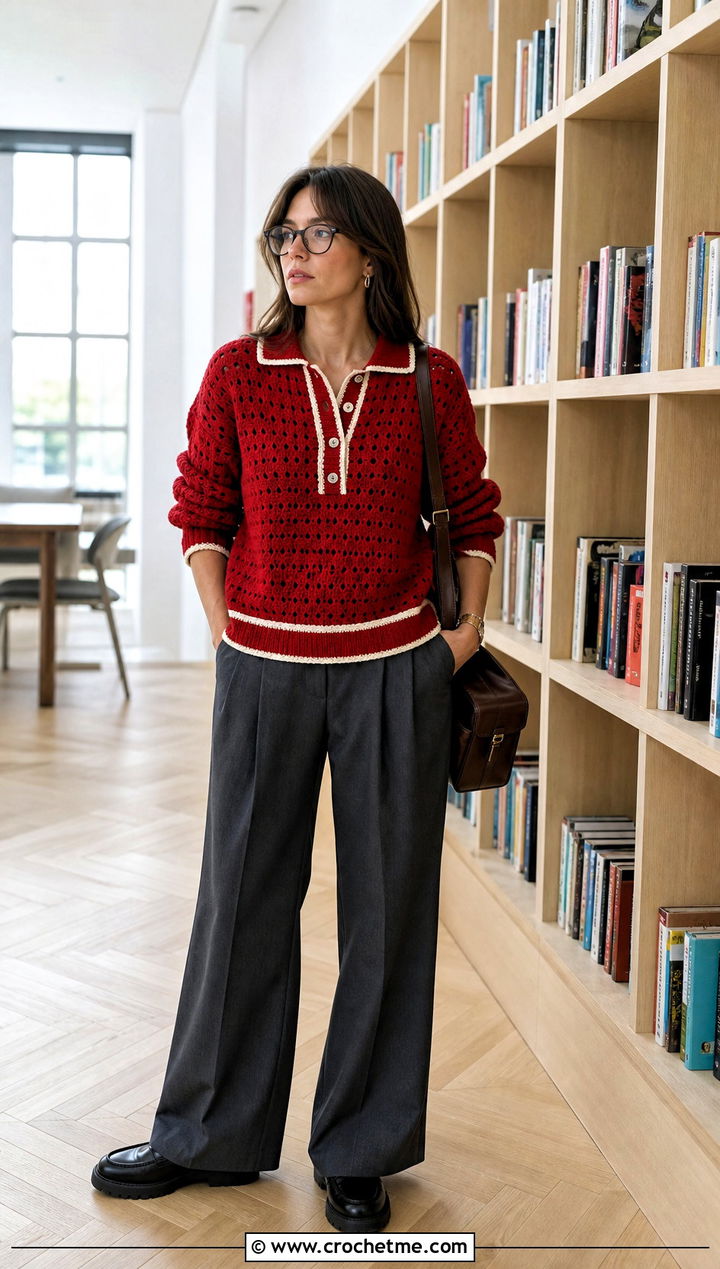 Polo Collar Crochet Sweater With Pleated Trousers - 25 alt crochet sweater outfit ideas