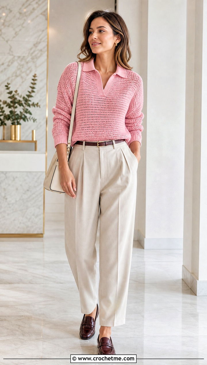 Polo Collar Crochet Sweater With Pleated Trousers - 15 Modern Crochet Sweater outfit ideas