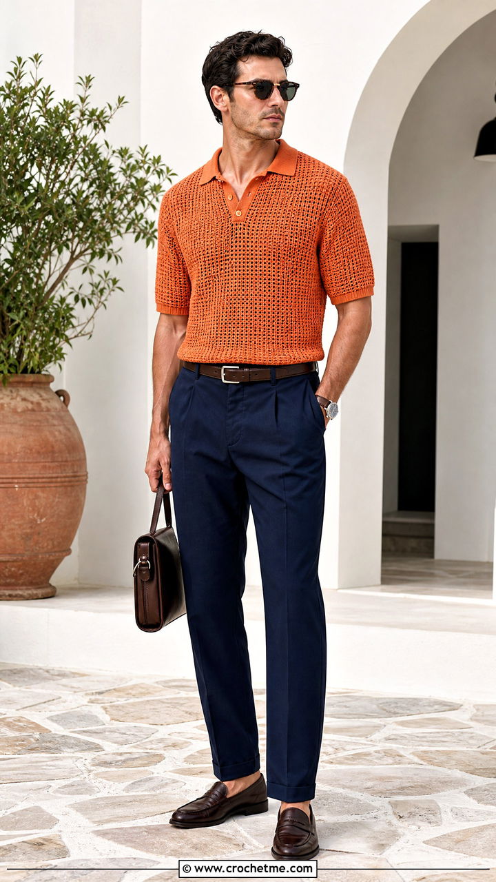 Polo Collar Crochet Sweater With Tailored Pants - 35 crochet sweater for men outfit ideas