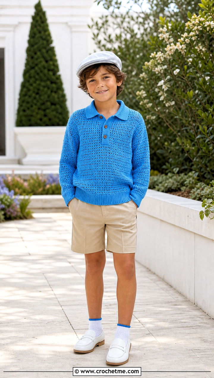 Polo Collar Crochet Sweater With Tailored Shorts - 15 Crochet Childs Sweater outfit ideas