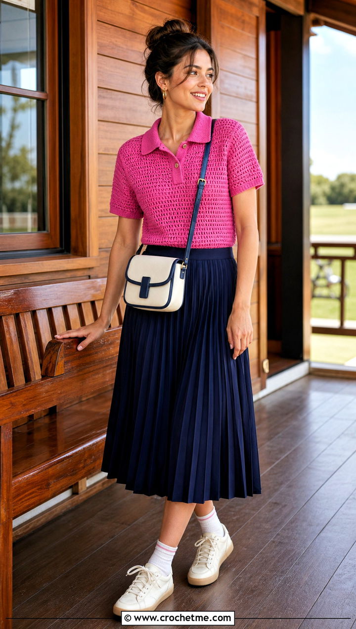 Polo Collar Crochet Top With Pleated Skirt - 15 pink crochet top on wooden background outfit ideas