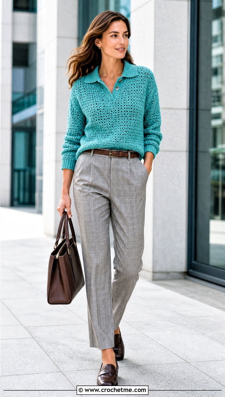 Polo Collar Crochet Velvet Sweater With Plaid Trousers - 20 Crochet Velvet Sweater outfit ideas