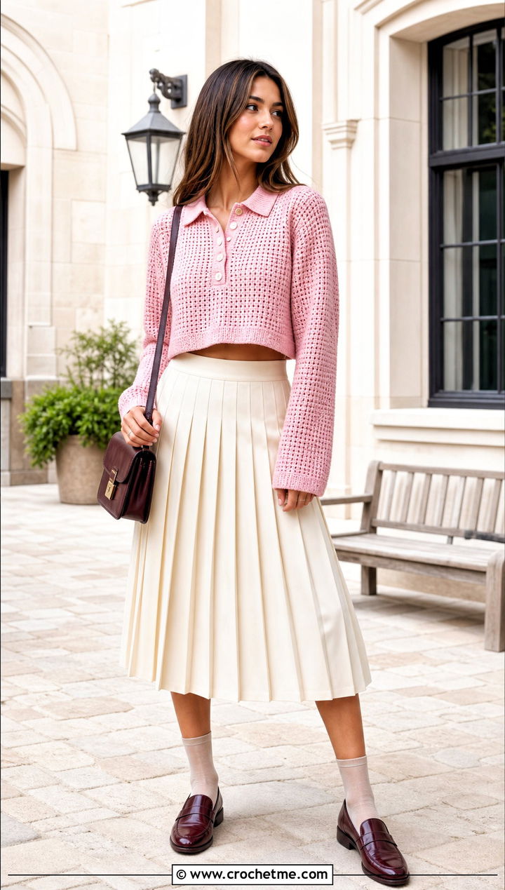 Polo Collar Cropped Crochet Pullover With Pleated Midi Skirt - 15 Cropped Crochet Pullover outfit ideas