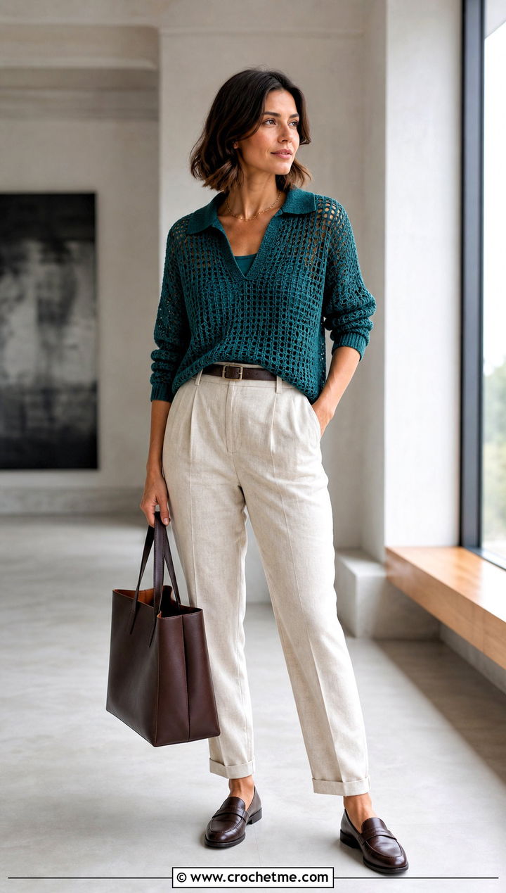 Polo Collar Designer Crochet Sweater With Pleated Trousers - 15 Designer Crochet Sweater outfit ideas