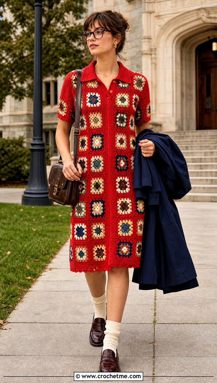 Polo Collar Granny Square Crochet Dress With Loafers - 25 Granny Square Crochet Dress outfit ideas