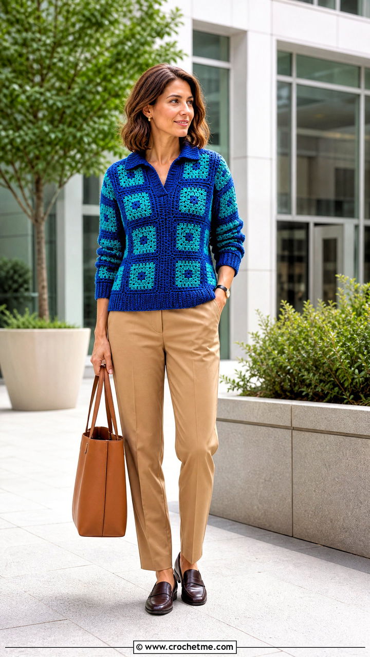 Polo Collar Granny Square Sweater With Chino Pants - 35 crochet granny square sweater outfit ideas