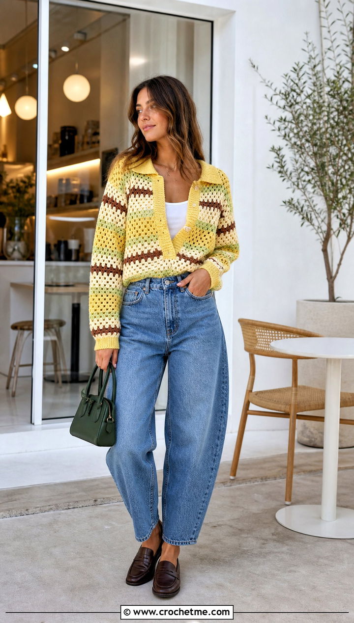 Polo Collar Granny Stripe Crochet Sweater With Barrel Jeans - 25 Granny Stripe Crochet Sweater outfit ideas