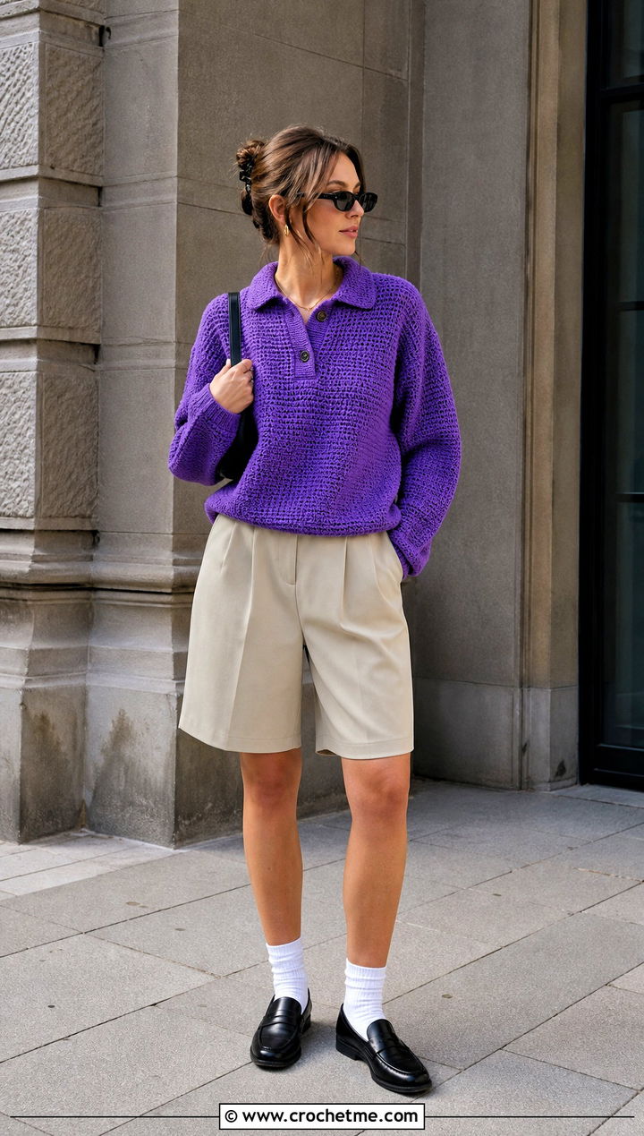 Polo Collar Half Double Crochet Sweater With Bermuda Shorts - 30 half double crochet sweater outfit ideas
