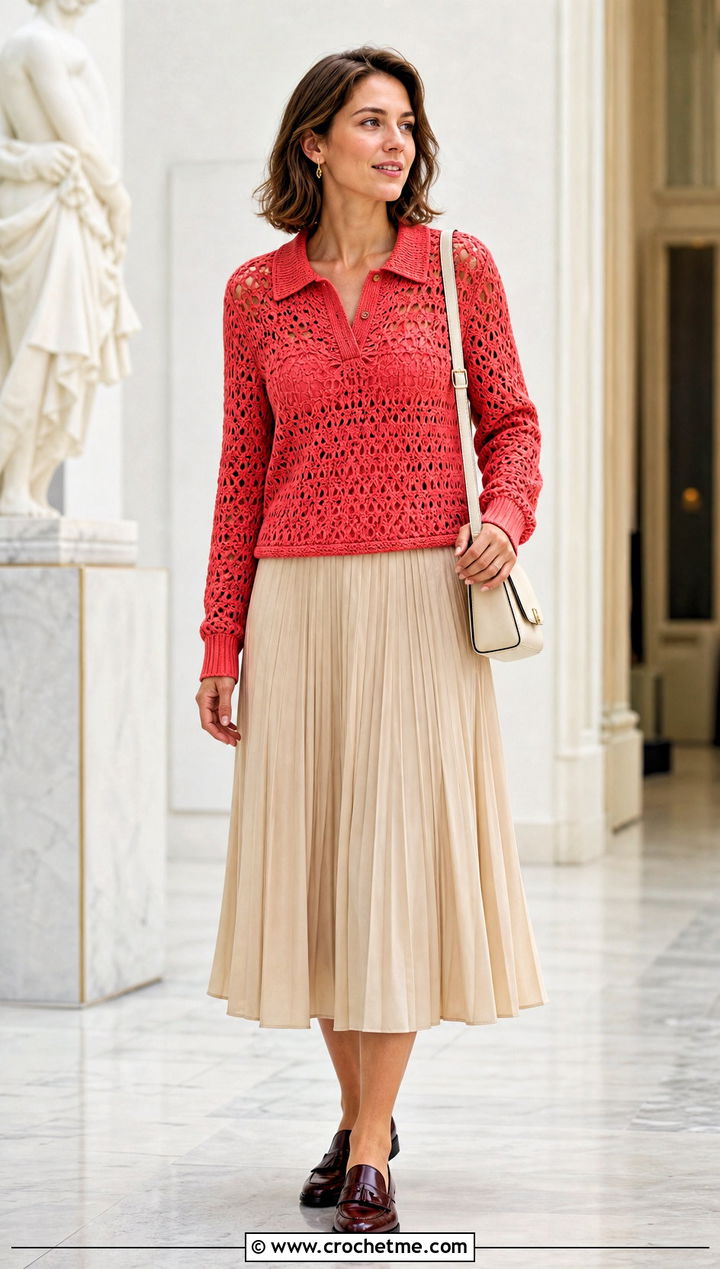Polo Collar Lacy Crochet Sweater With Pleated Midi Skirt - 25 Lacy Crochet Sweater outfit ideas
