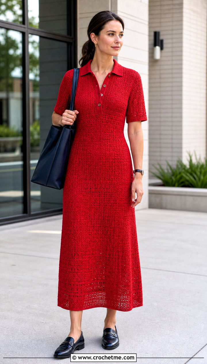 Polo Collar Long Crochet Dress With Loafers - 35 Long Crochet Dress outfit ideas