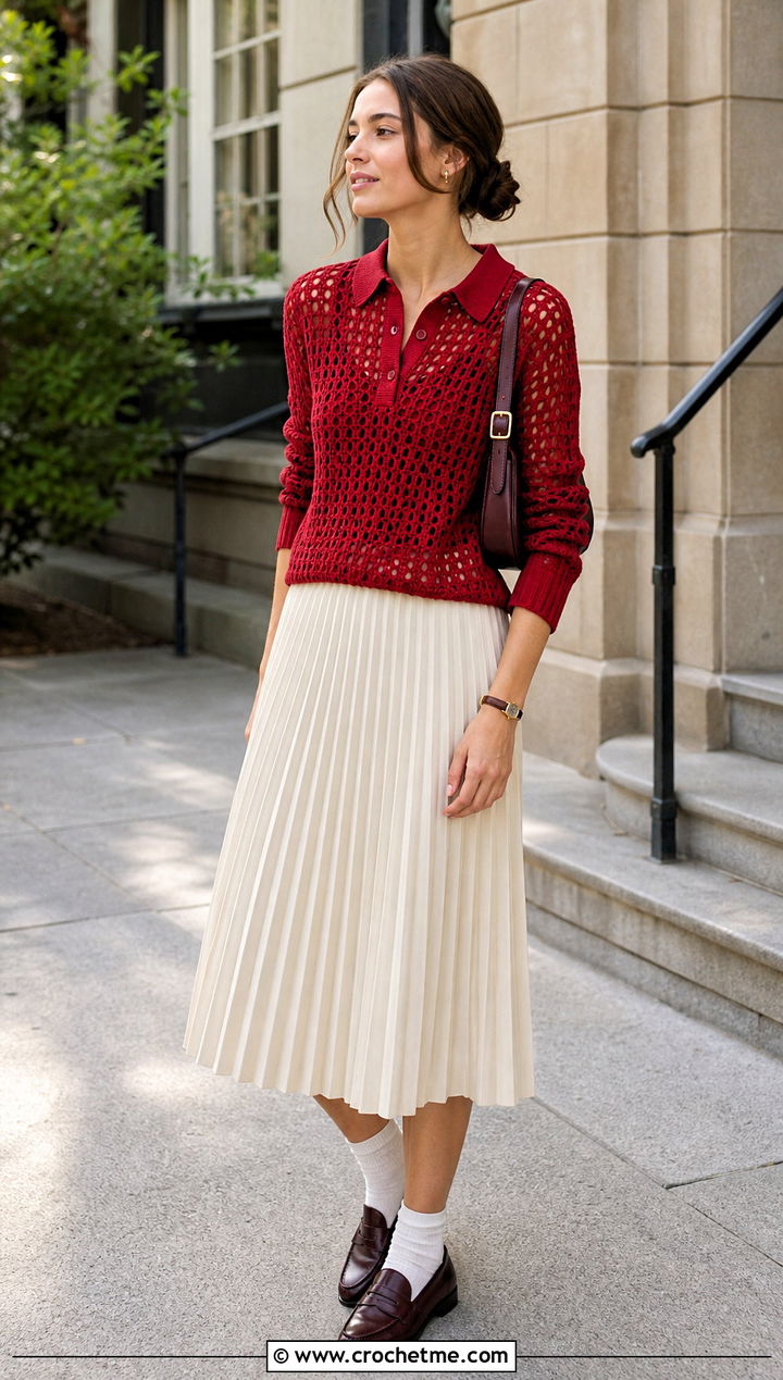 Polo Collar Mesh Crochet Sweater With Pleated Midi Skirt - 30 mesh crochet sweater outfit ideas