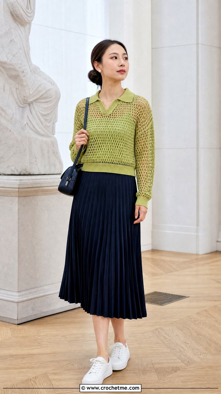 Polo Collar Mesh Sweater With Pleated Skirt - 35 crochet net sweater outfit ideas