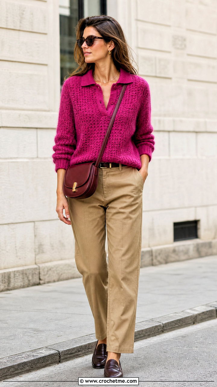 Polo Collar Mohair Crochet Sweater With Chinos - 35 mohair crochet sweater outfit ideas